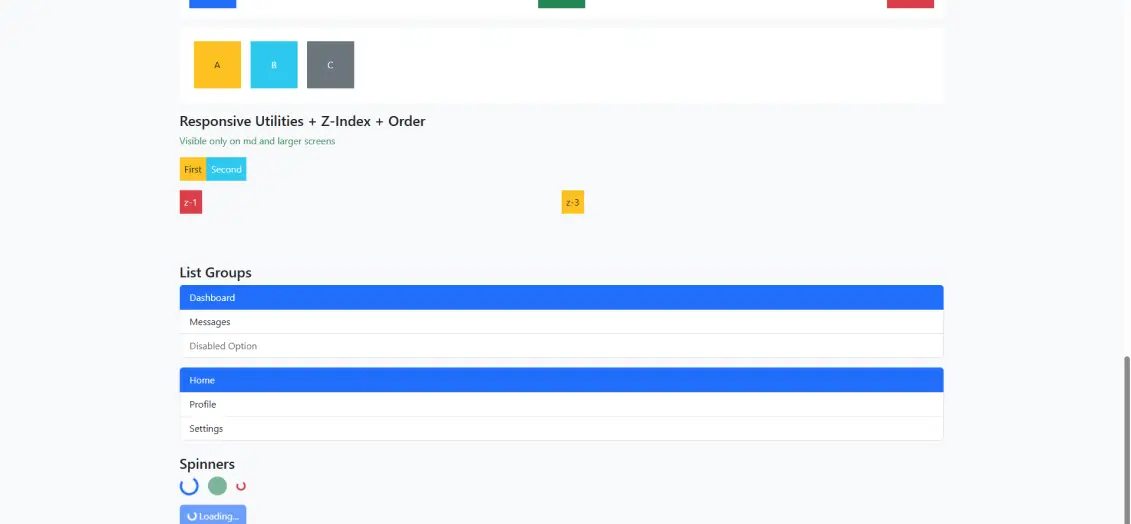 Bootstrap UI example demonstrating flex alignment, justify content, order, z-index, and positioning utilities.
