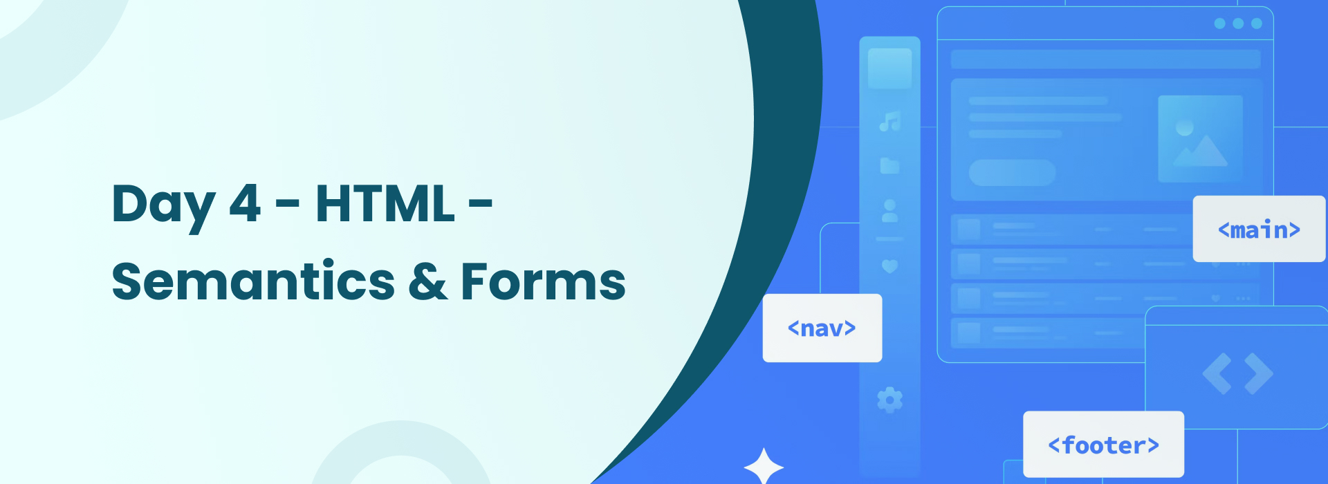 Day 4 HTML tutorial banner showing semantic tags and forms with elements like nav, main, and footer.