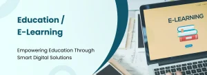 Education and E-Learning banner showing a laptop with an e-learning screen and digital learning icons.