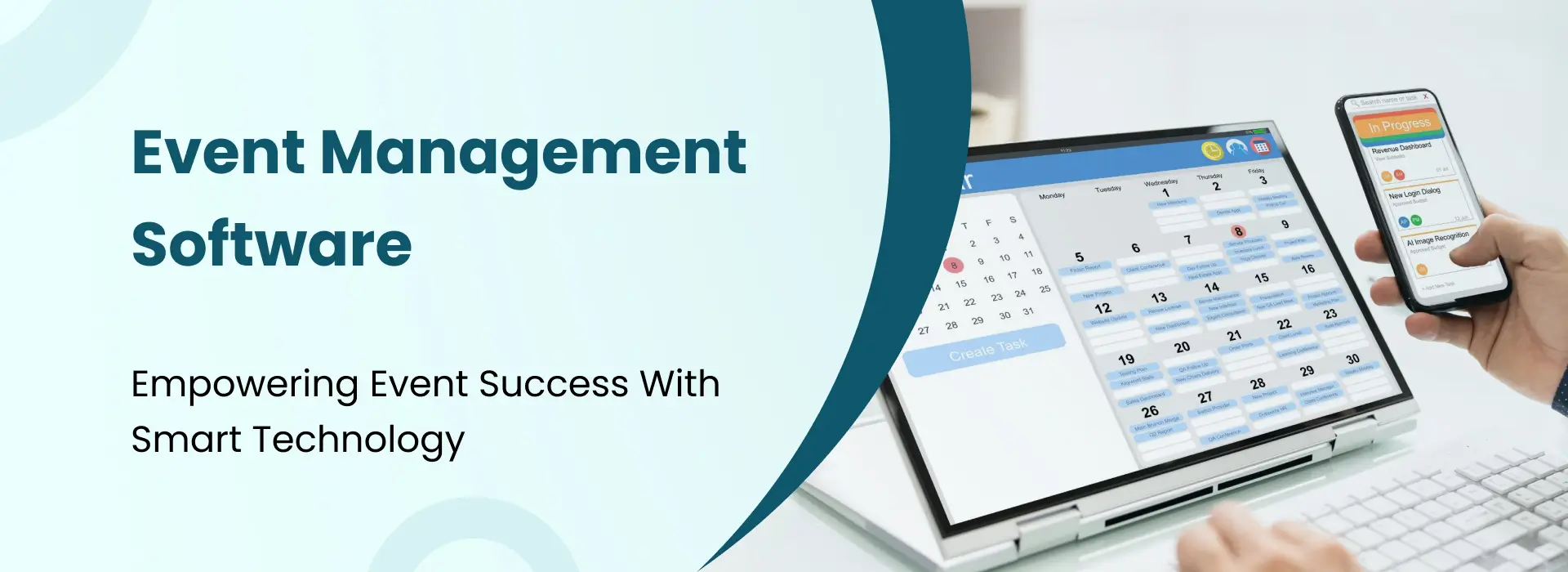 A person using a laptop and smartphone displaying event scheduling and task management dashboards.