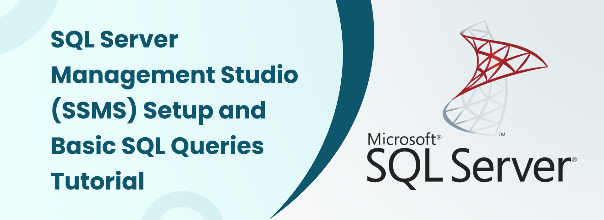 SQL Server Management Studio (SSMS) setup and basic SQL queries tutorial banner with Microsoft SQL Server logo.