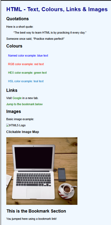 HTML webpage with styled text, colors, links, and images