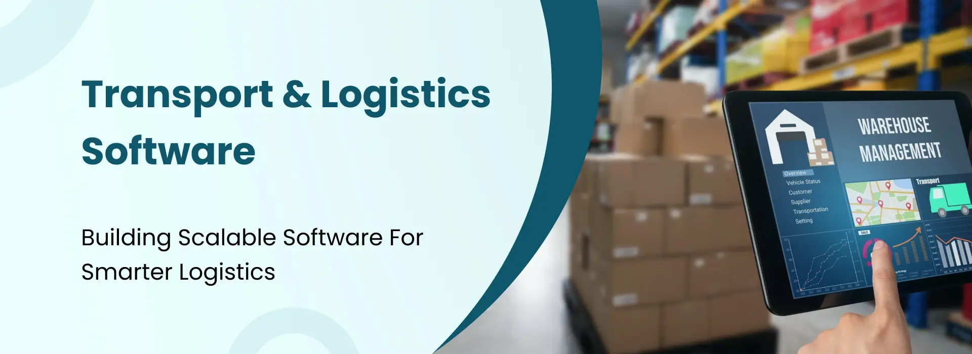 A person holding a tablet displaying a warehouse management dashboard in a warehouse filled with stacked boxes.