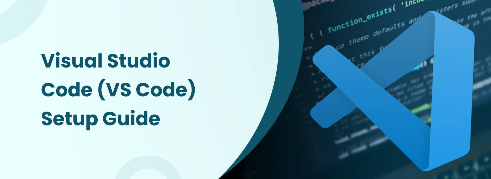 Visual Studio Code setup guide showing the VS Code logo and programming code background.
