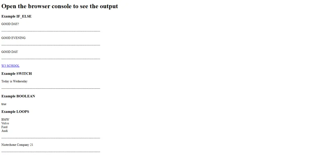 JavaScript program output displaying examples of conditions, loops, functions, and boolean results.