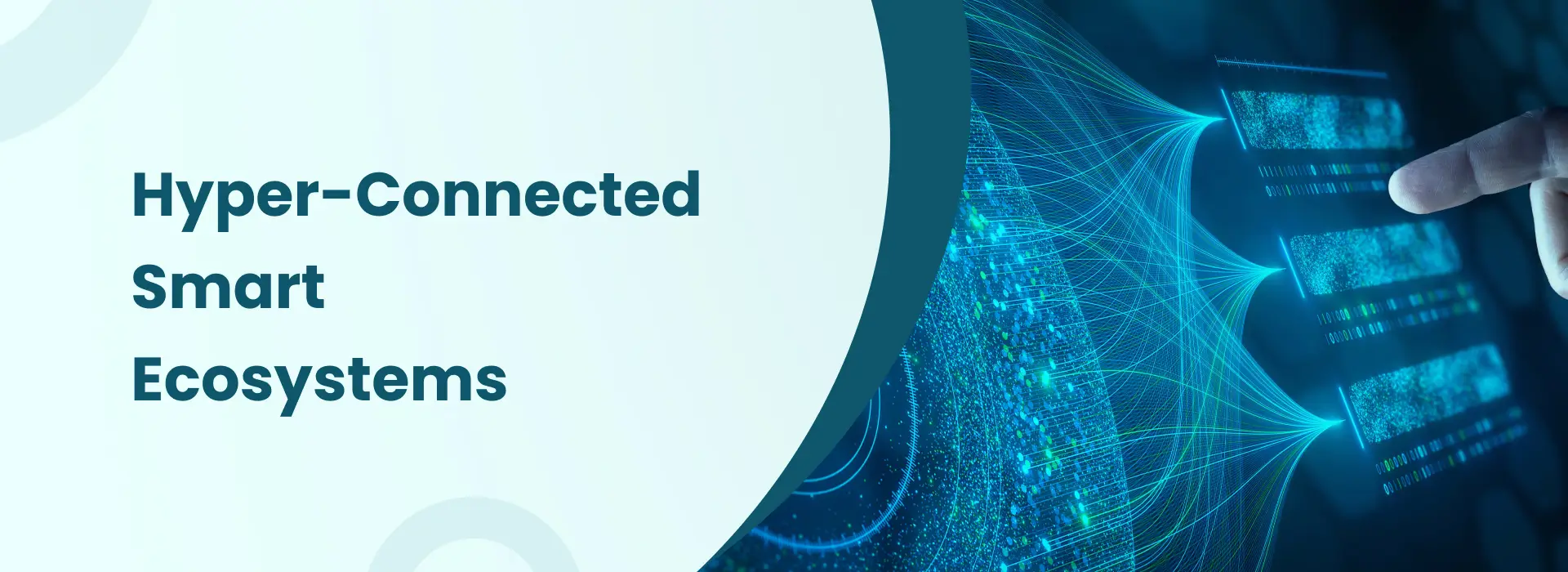 Illustration of a hyper-connected smart ecosystem linking devices, data, and IoT networks