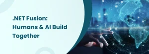 Developers collaborating with AI tools to build .NET applications in a futuristic workspace