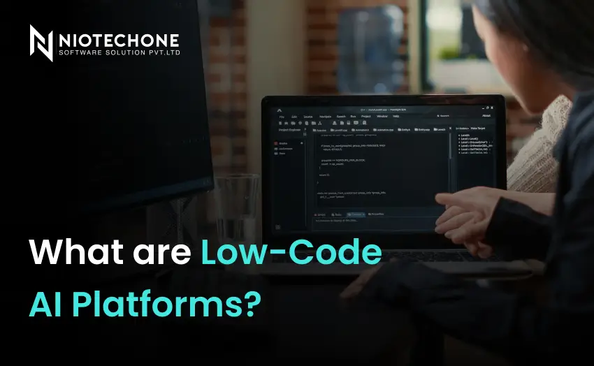 Visual low-code AI builder interface with drag-and-drop components and automated workflows.