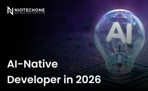 "Futuristic image showing an AI lightbulb symbolizing innovation and the role of AI-native developers in 2026."