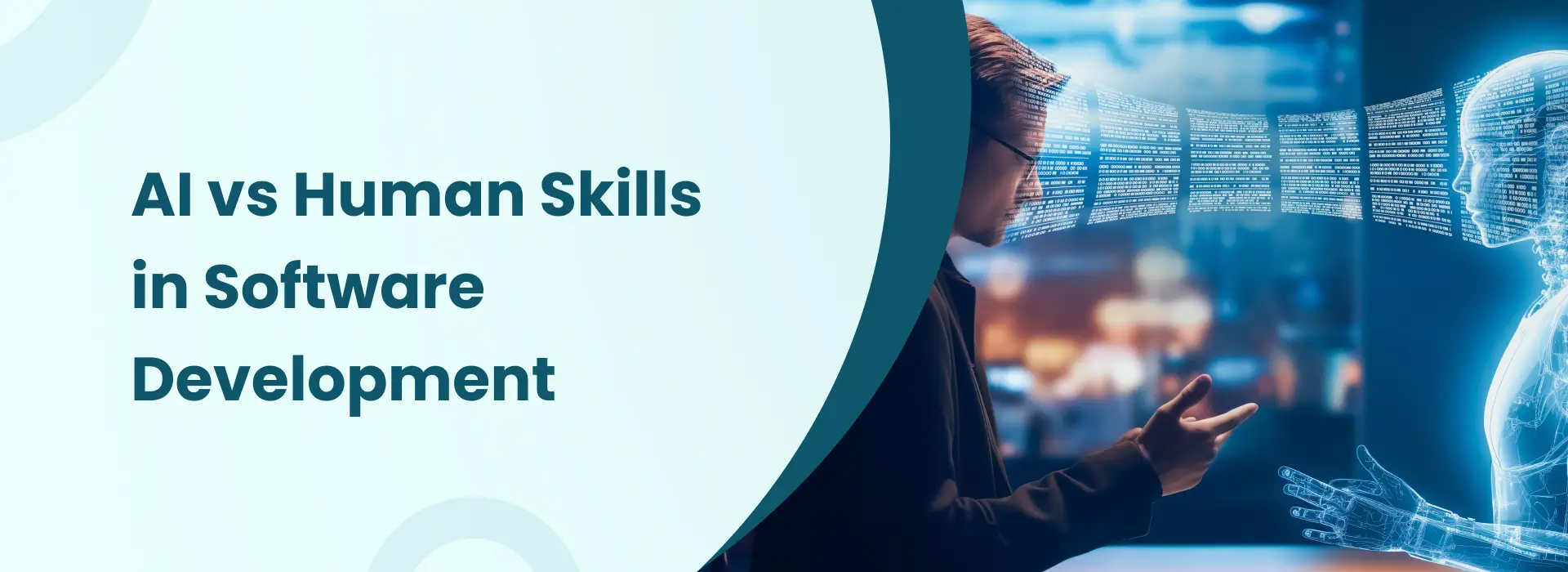 AI and human interaction in software development showing comparison between artificial intelligence and human skills in coding and decision-making.