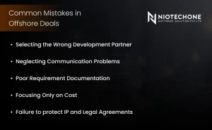Common mistakes in offshore software development deals including project tracking, cultural differences, scalability, time zones, and compliance issues