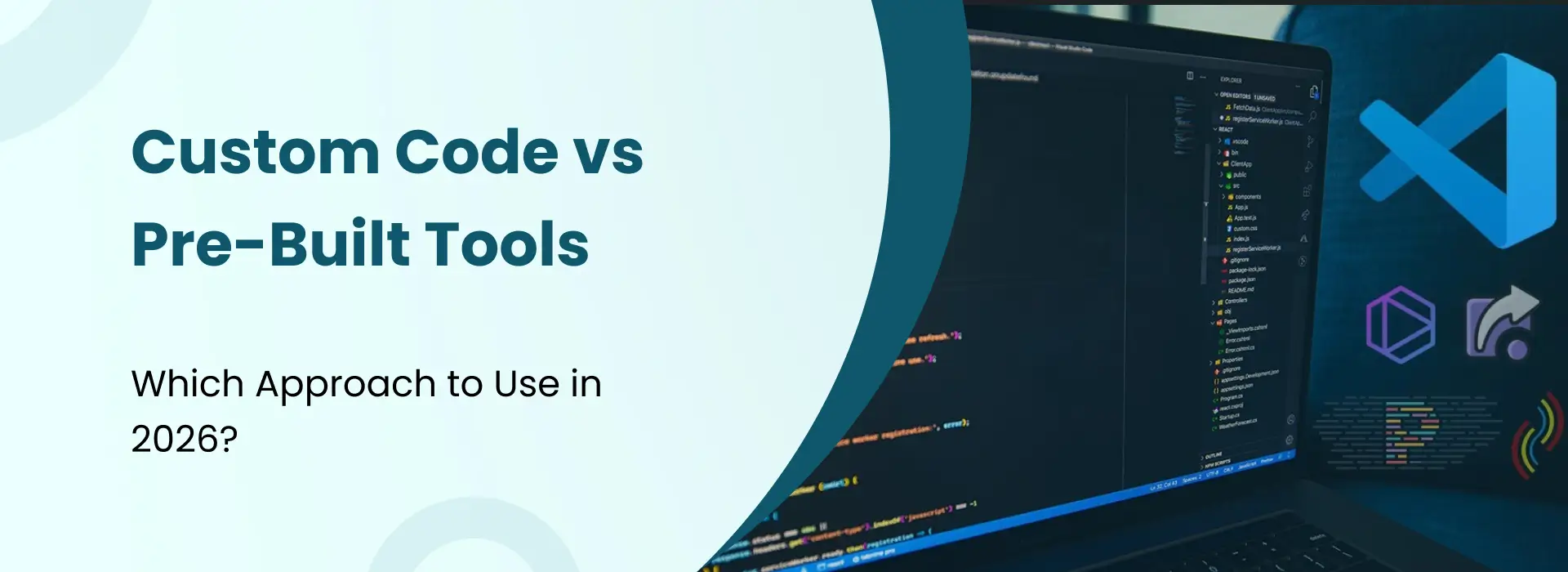 Comparison of custom code and pre-built tools showing software development choices for 2026