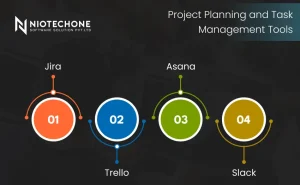 Project planning and task management tools including Jira, Trello, Asana, and Slack for software development teams