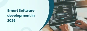Developers creating smart software using AI and modern tools in a futuristic workspace