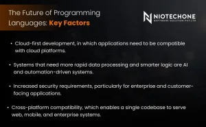 Key factors shaping the future of programming languages including cloud, AI, security, and cross-platform development