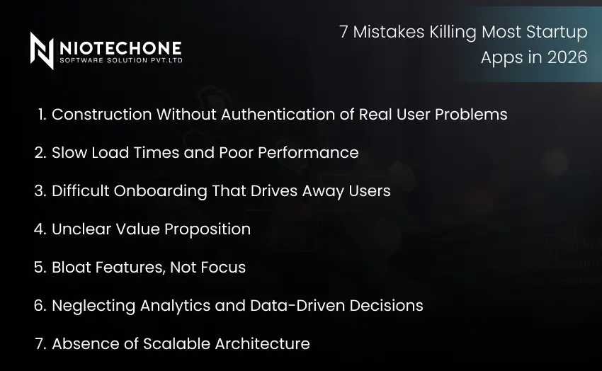 7 mistakes killing most startup apps in 2026 with warning symbol and coding background