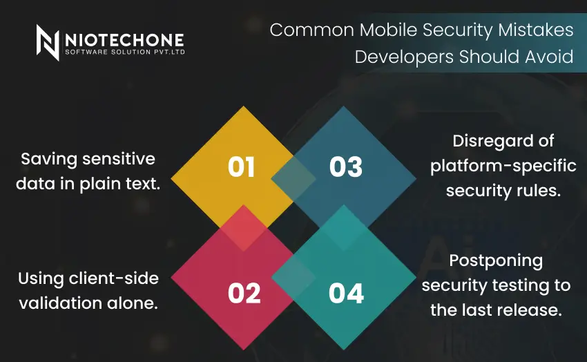 Developer coding a mobile app while security alerts and warnings appear on the screen.