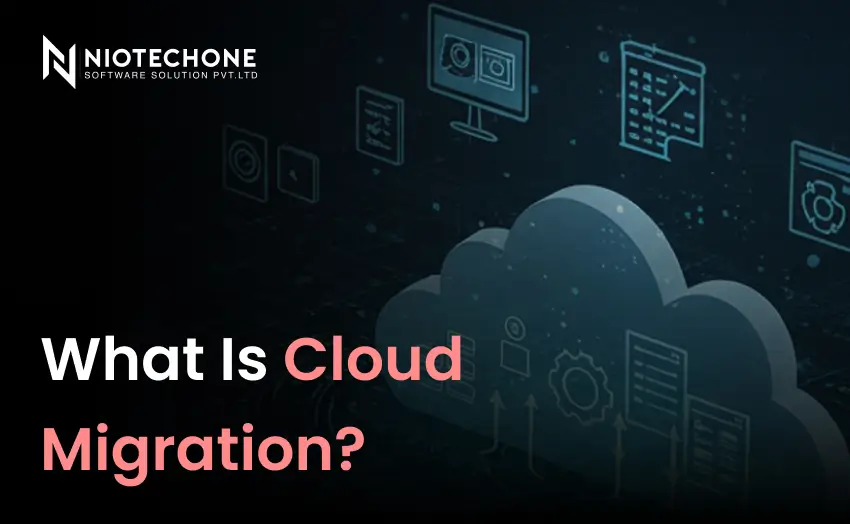 Illustration explaining what cloud migration is with digital cloud and data transfer concept