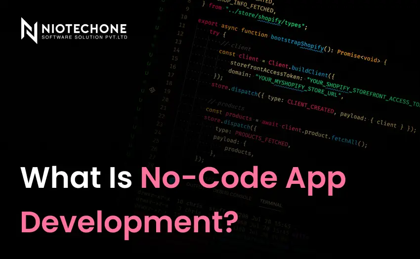 What is no-code app development banner with source code background and modern software interface