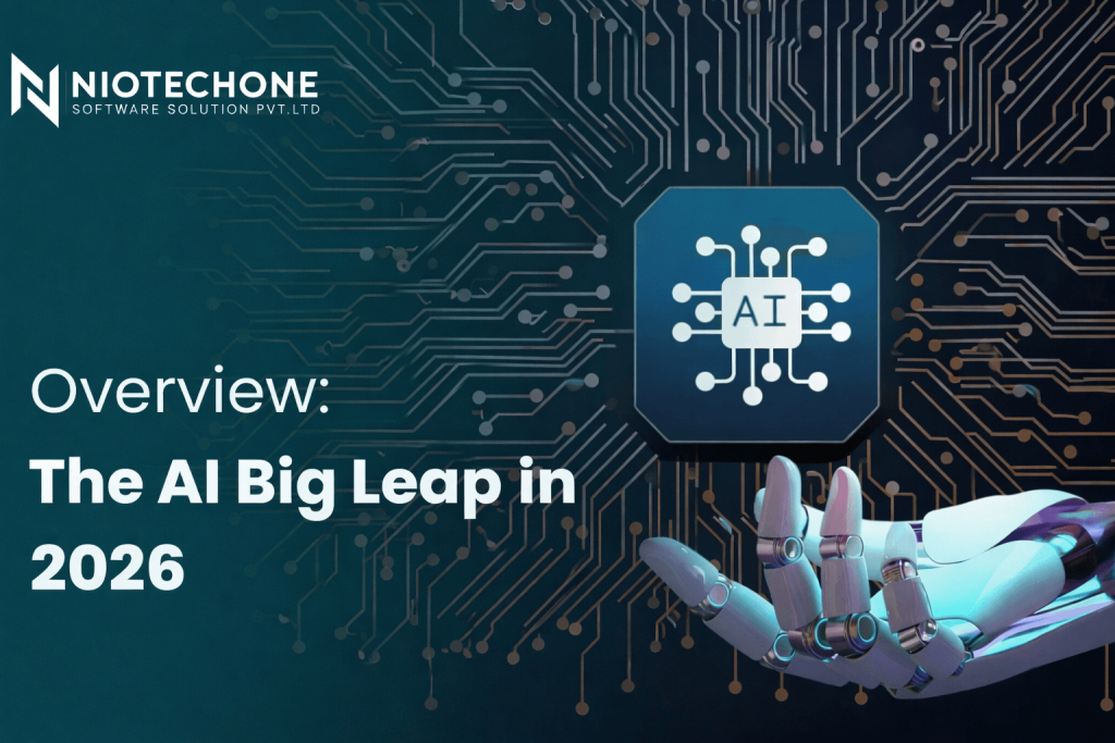 AI Big Leap in 2026 overview with robotic hand and AI chip concept by Niotechone