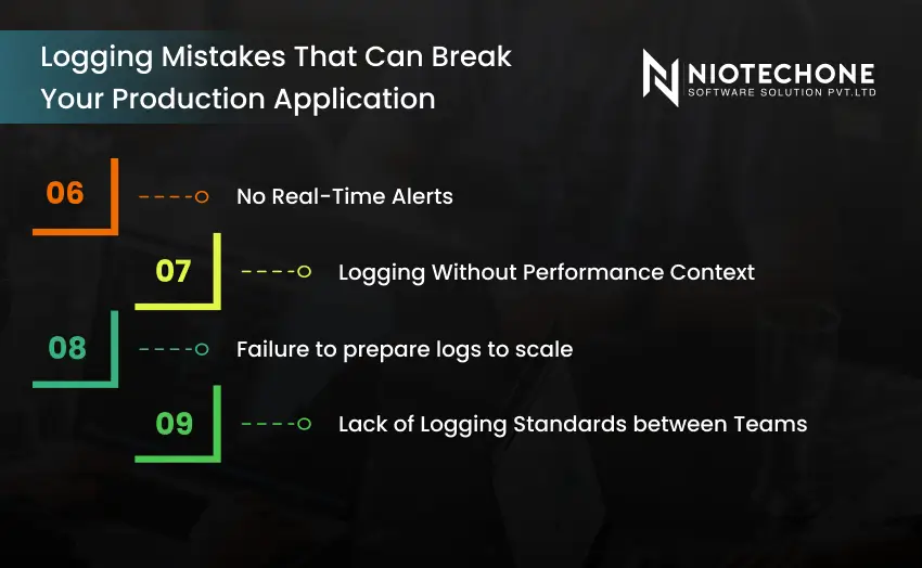 Production logging issues like missing alerts, poor scaling strategy, and lack of logging standards
