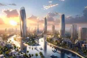Dubai city skyline with modern skyscraper buildings.