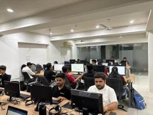 Software development team working together in a modern office
