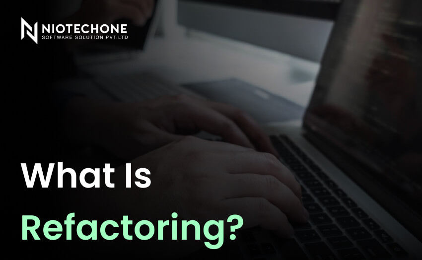 What is refactoring banner with developer typing on laptop and code visible on the screen.