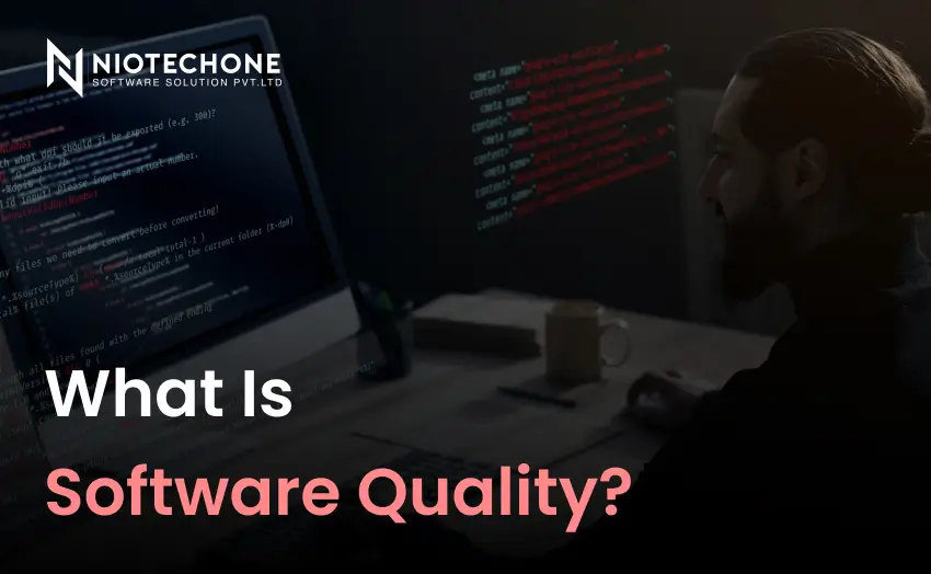 Developer working on code on a computer screen representing the concept of software quality in modern software development.