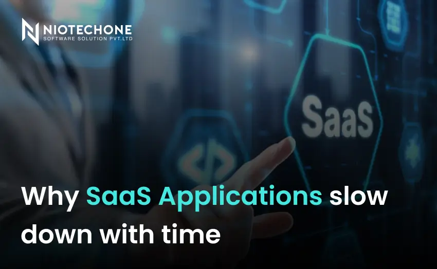 SaaS application interface concept showing performance slowdown over time with a digital dashboard and user interaction.