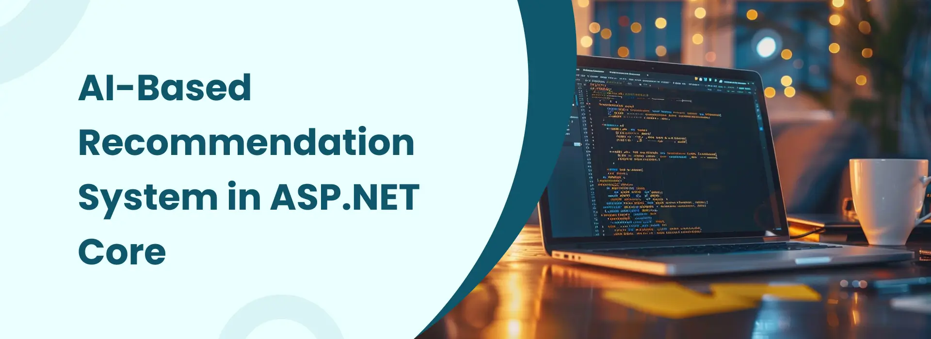 Laptop displaying code for an AI-based recommendation system built with ASP.NET Core in a modern workspace.