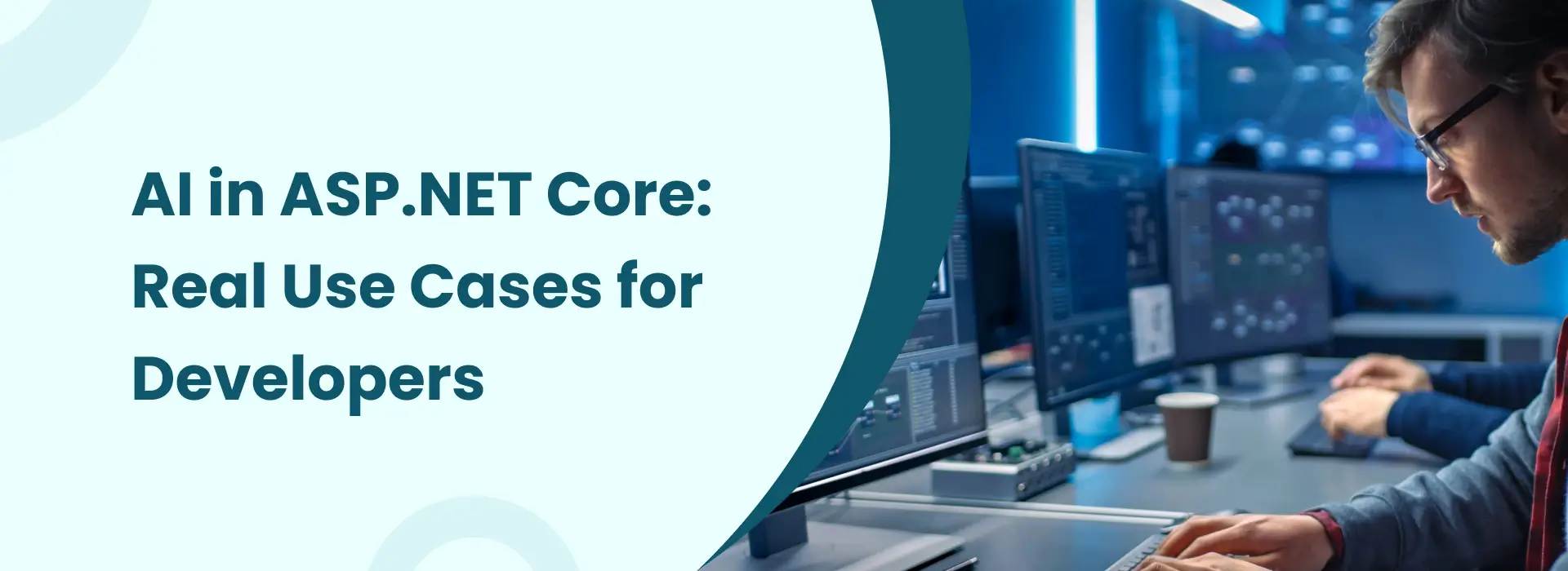 AI in ASP.NET Core real use cases for developers with programmer working on multiple screens and modern software development environment.