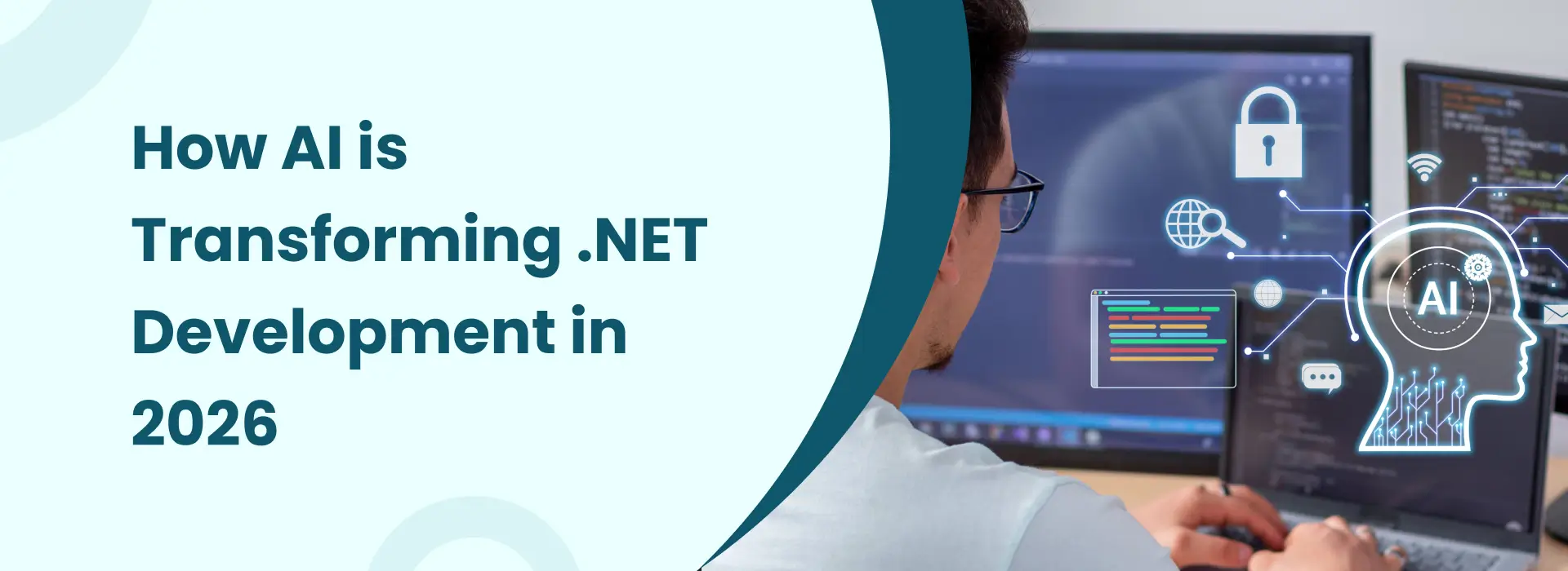 How AI is transforming .NET development in 2026 with a developer working on code and AI-powered automation, security, and intelligent programming visuals.