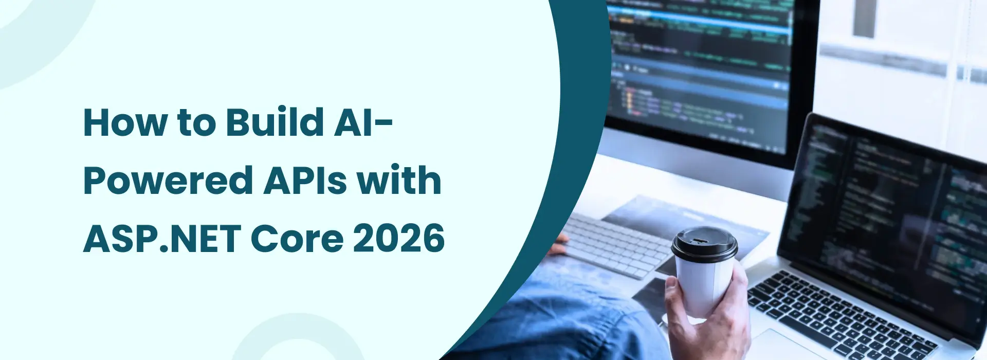 Developer building AI-powered APIs using ASP.NET Core on multiple screens