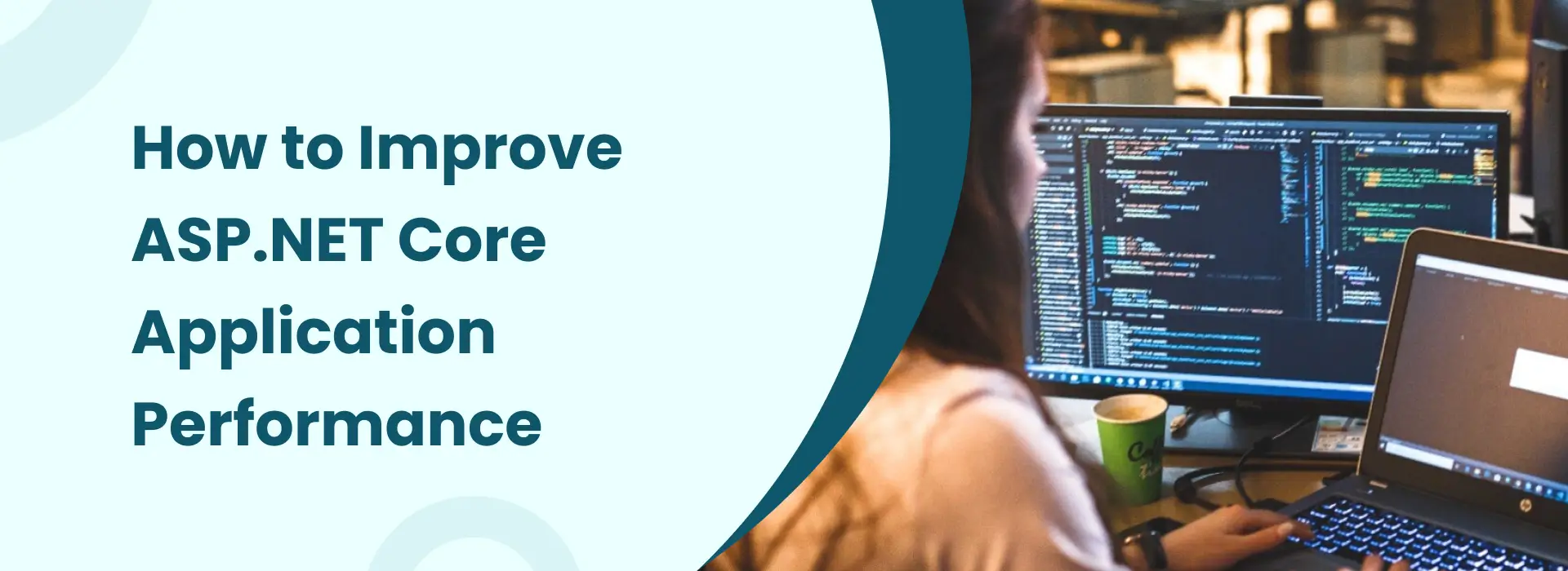 Developer working on multiple screens optimizing ASP.NET Core application performance with code and monitoring tools.