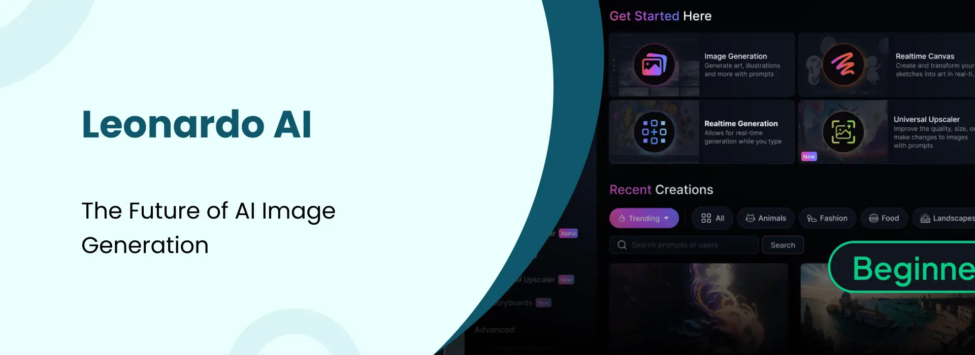 Leonardo AI dashboard showing image generation tools and creative AI features