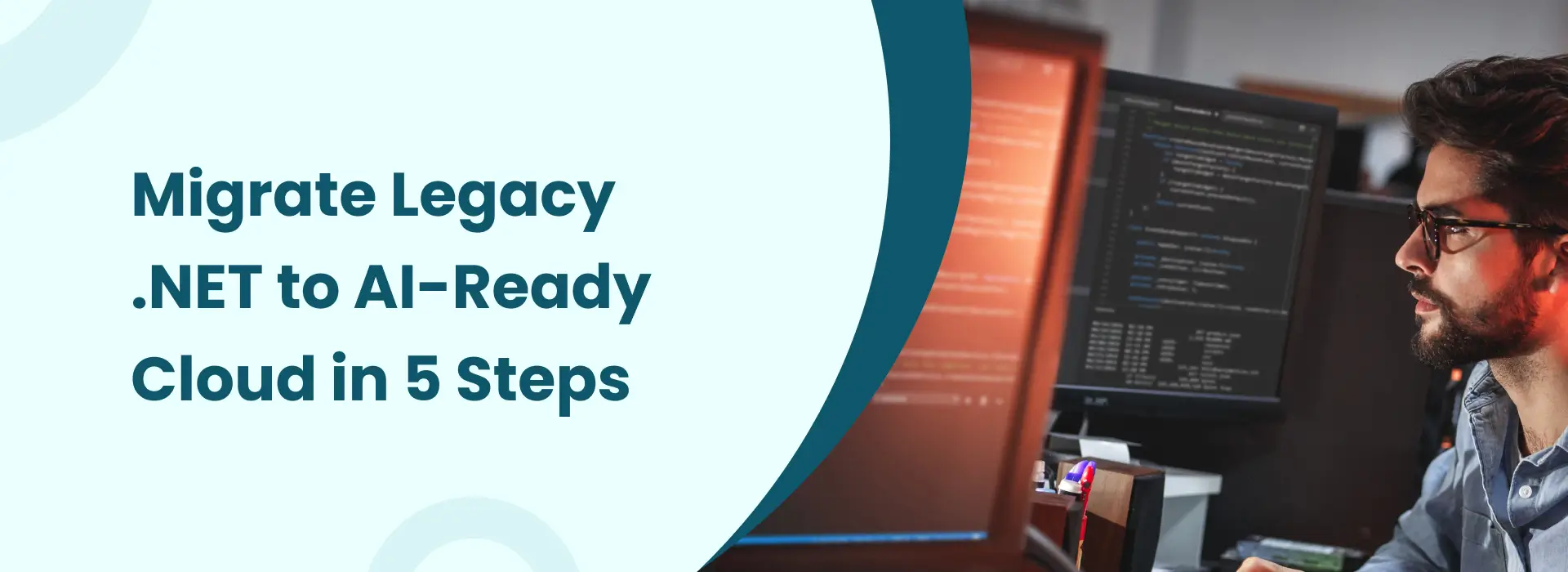 Illustration showing a developer migrating legacy .NET applications to an AI-ready cloud environment with modern coding setup