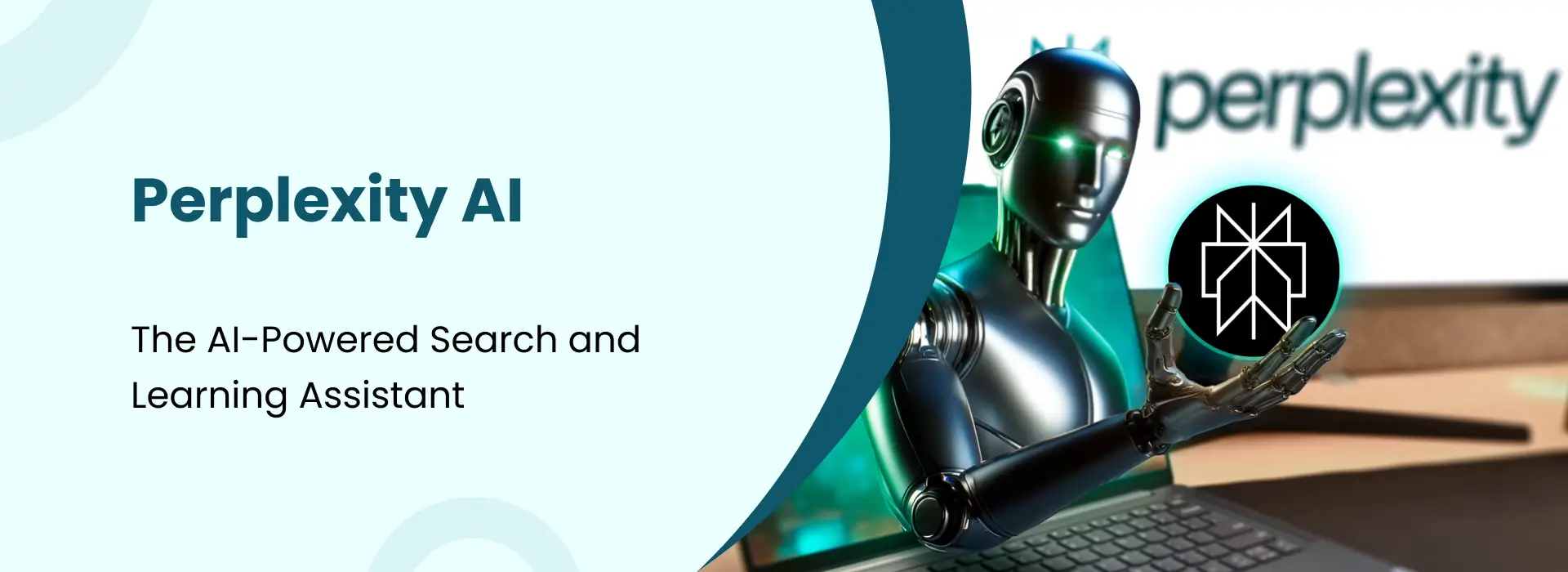 Perplexity AI concept showing humanoid robot with AI search interface and logo.