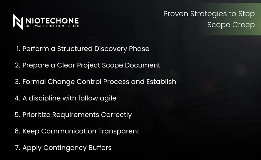 Strategies to prevent scope creep including clear documentation, change control, and agile discipline