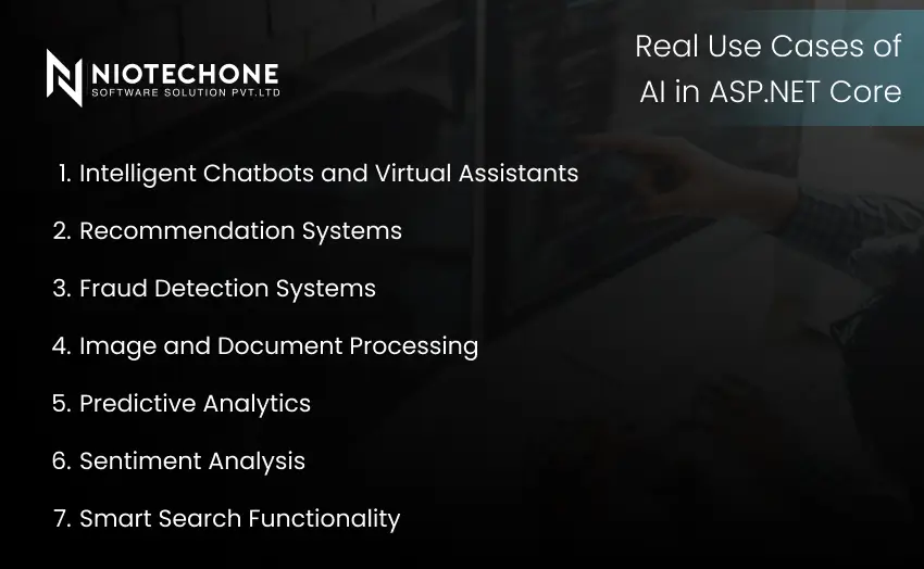 Real use cases of AI in ASP.NET Core including intelligent chatbots, recommendation systems, fraud detection, document processing, predictive analytics, sentiment analysis, and smart search.