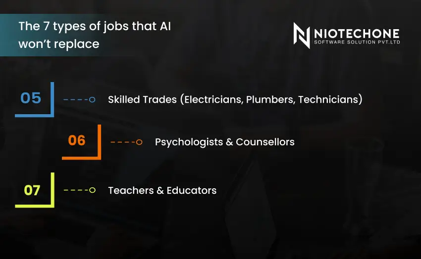 Jobs AI will not replace including skilled trades, psychologists, and teachers requiring human expertise and emotional intelligence.