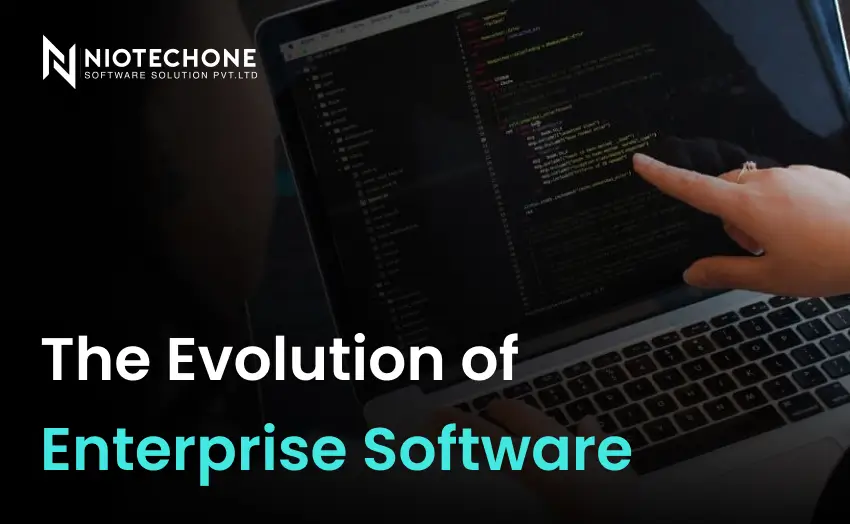 Enterprise software evolution concept with developer coding on laptop screen showing digital transformation