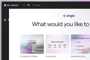 Angie AI website builder interface showing design options like comparison slider, countdown timer, and interactive quiz for creating a website without coding.