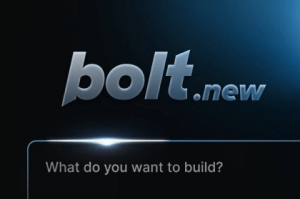 Bolt.new AI interface with prompt “What do you want to build?” on a dark futuristic background