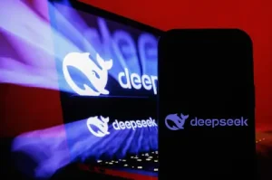 DeepSeek AI logo displayed on a laptop screen and smartphone, representing AI-powered development tools and modern software technology.