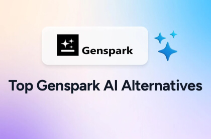 Top Genspark AI alternatives banner featuring Genspark logo with a gradient background representing AI tools and innovation.