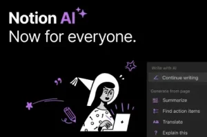 Promotional banner showing Notion AI features like writing assistance, summarization, translation, and task explanations with a creative illustration.