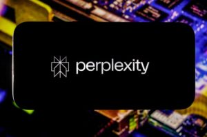 Logo of Perplexity AI displayed on a dark background with a colorful, futuristic tech circuit design.