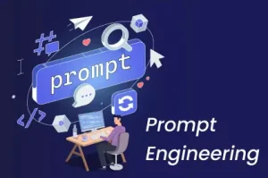 Prompt engineering guide showing AI prompt structure with icons and a developer at computer