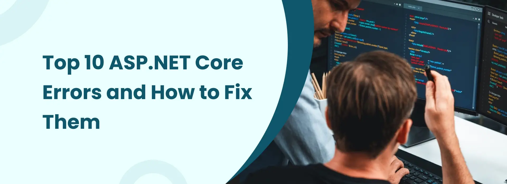 Developers debugging ASP.NET Core errors on a computer with guidance on fixing common issues